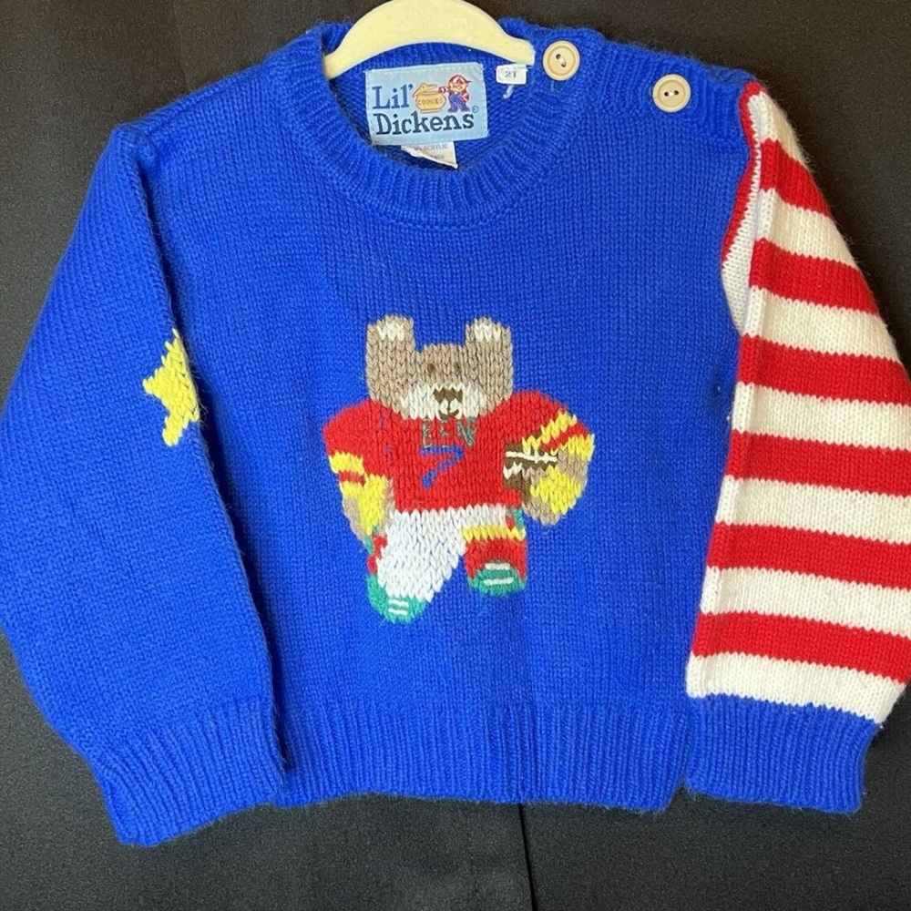 Vintage Rare football player knitted 80s  Blue Bear Sweater size 4t